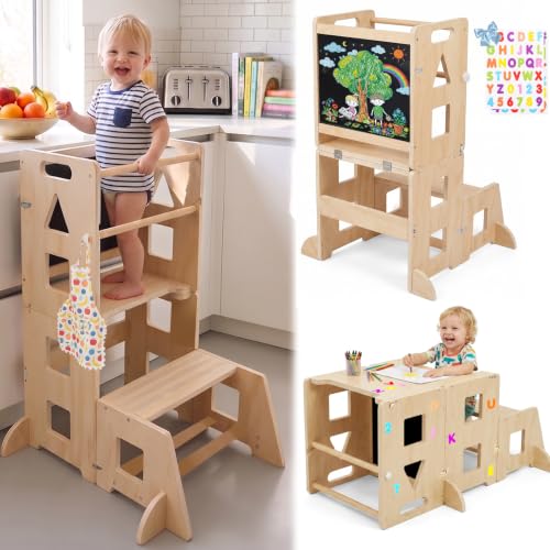 5-in-1 Toddler Standing Tower Kitchen Stool with Blackboard - Natural Wood Large