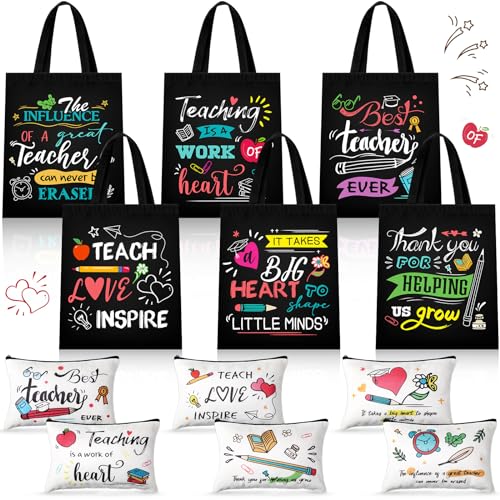 Blosssound 12 Pcs Teacher Appreciation Gift for Women Canvas Tote Bag Thank You Teacher Cosmetic Makeup Bag