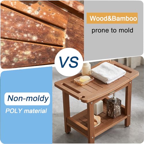 Brown Waterproof Poly Shower Stool with Handles & Adjustable Feet - Heavy Duty Bathroom Bench for Shaving & Seating