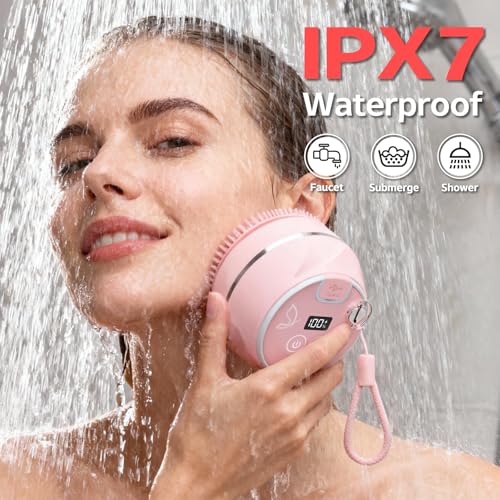 Pink Waterproof Silicone Facial Cleansing Brush with 6 Modes & 3 Light Effects - Rechargeable Deep Clean Scrubber for Women and Men