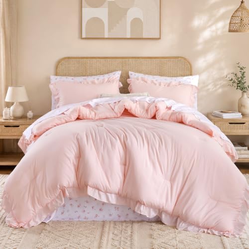 Pink Ruffle Queen Comforter Set with Floral Sheets - 7 Pieces, Blush Pink R