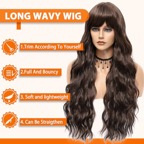 Vomella 4G 26-Inch Dark Brown Curly Wavy Wig with Bangs for Women