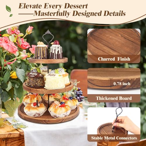 Brown Upgraded 4 Pack Wooden Cake Stand Set 3 Tier Swing Cupcake Display with Floral Decor
