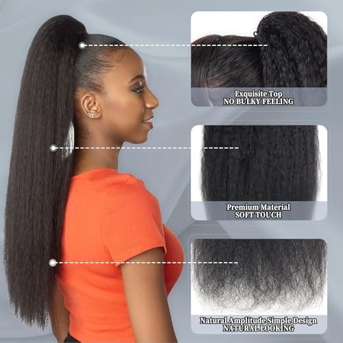 Human Hair Ponytail Extension 24 Inch Kinky Straight Drawstring Clip-In for Black Women
