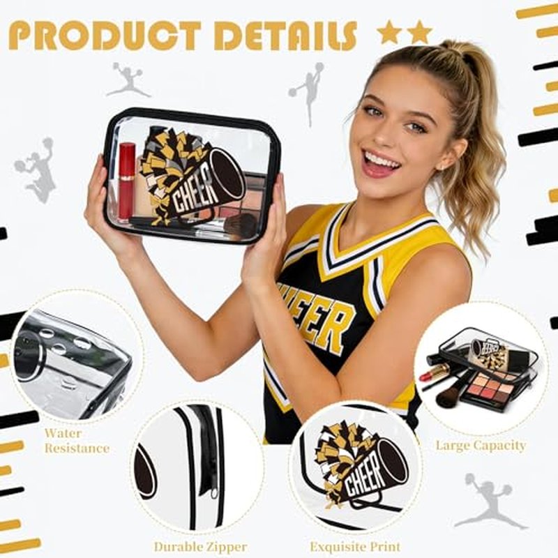 24 Pcs Cheerleader Gifts Bulk for Team 12 Cheer Makeup Bags and 12 Round Portable Mirror,7 x 4.7 x 2.4'' Cosmetic Bag for Women Party Favors Team Gifts (Black&Gold)