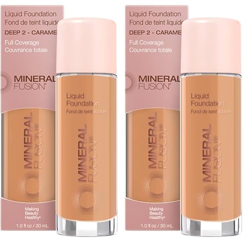 Mineral Fusion Full Coverage Foundation, Liquid Foundation - Deep 2- Tan Complexion w/Golden Undertones, Lightweight Matte Finish, Up to 12 Hr Hydration, Hypoallergenic & Vegan, 1 fl. oz (Pack of 2)