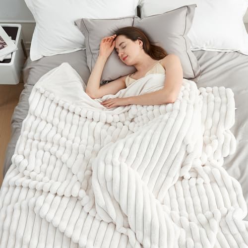 Faux Fur Throw Blanket - Ivory Striped, Oversized 55x70 Inches - Cozy & Soft