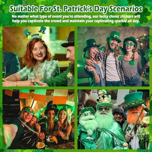 Yosca 6Pcs St Patricks Day Temporary Tattoos, Green Clover Face Stickers for St. Patrick's Day Glitter Makeup, Self Adhesive Shamrock Face Tattoos Art Sticker for Parade Irish Party Rave Accessories