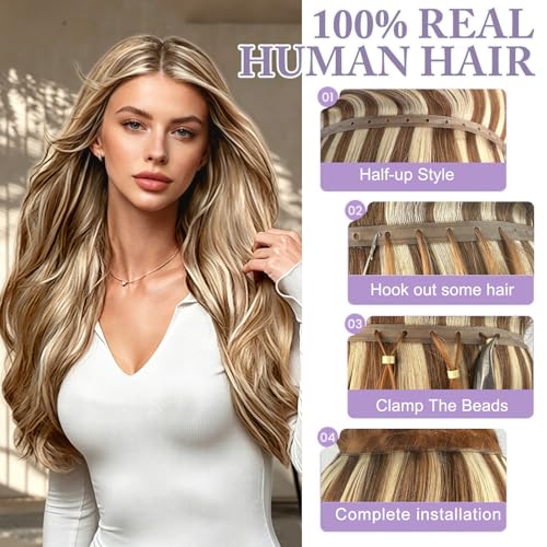 Poetically 16 Inch Brown Highlighted Golden Blonde Butterfly Weft Hair Extensions - 100g Human Hair