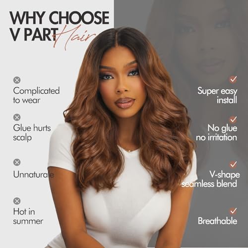 Ombre Brown Yaki Curly V Part Wig 18 Inch Layered Synthetic Half Wig