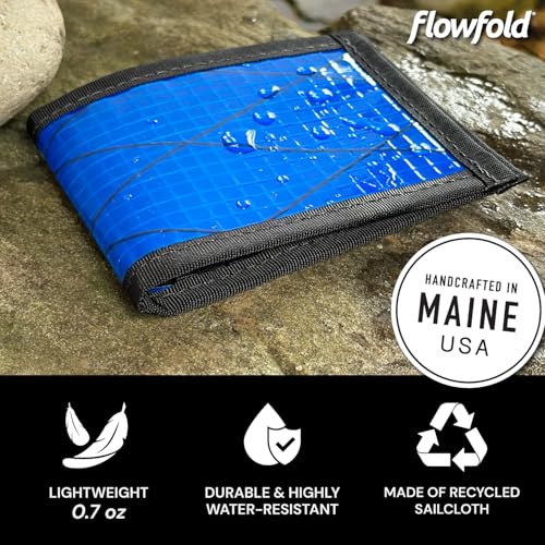 Flowfold Vanguard Recycled Sailcloth Bifold Wallet | Slim and Durable with Cash pocket, Two Hidden Card Pockets and Two ID Windows | Holds 10-12 Cards | Minimalist Wallet Made in USA | Blue Sailcloth
