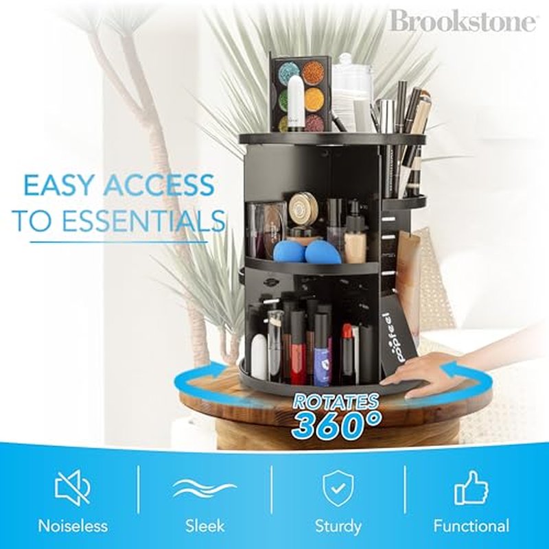 Brookstone 360¡Æ Spin Cosmetic Display Case for Vanity, Store Brushes, Lipsticks, and Other Fashion Accessories, Versatile Storage Solution, black