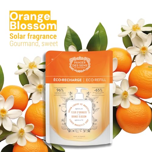 Panier des Sens Liquid Hand Soap Refill ? Orange Blossom Hand Soap Refills ? French Moisturizing Hand Wash with Coconut Oil - Kitchen & Bathroom Hand Wash- Orange Soap Refill 96% Natural - 34 Floz
