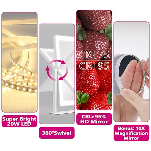 Hollywood Vanity Mirror with Lights, 17" L x 13" W LED Lighted Makeup Mirror, Dimmable & Three Color Lighting Modes, 10X Magnification Mirror, CRI>95% HD, 20W High Brightness (96 LED)