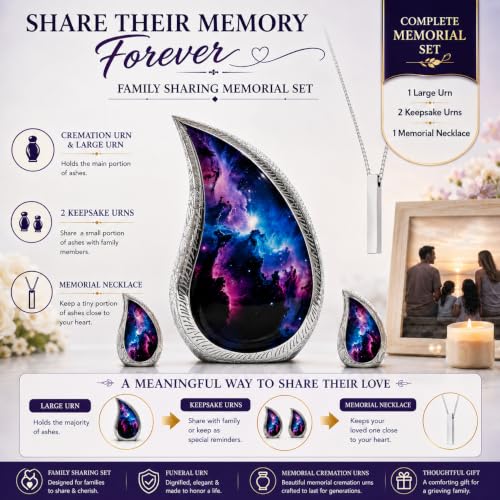 Premium Family Cremation Urn Set for Human Ashes - Teardrop Design with Keepsakes & Necklace - Memorial Urn Kit (220lbs) - MemoricUrn