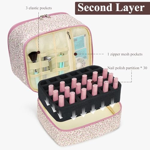 Floral Nail Polish Organizer Bag for 30 Bottles & UV Nail Lamp - Pink Floral