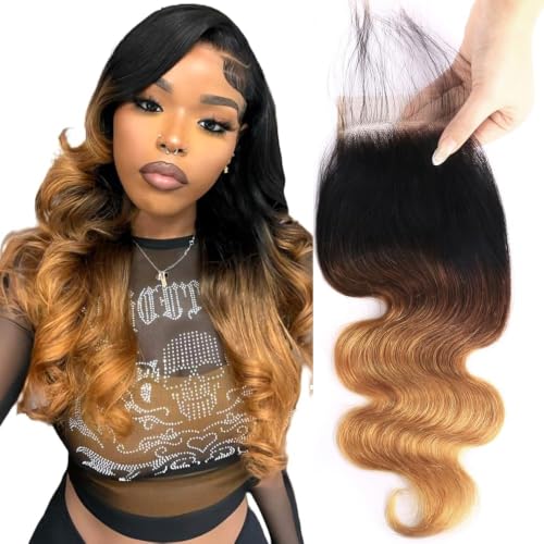 QTHAIR 18-inch Ombre Body Wave Lace Closure 4x4 Brazilian Virgin Hair T1B/4/27