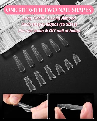 Almond & Coffin Nail Dual Form Kit - 360 Reusable Plastic Forms for Polygel & Acrylic, Medium Length Variation