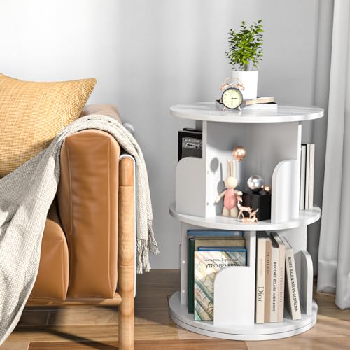 Nidouillet Rotating 2-Tier Round Bookshelf - 360° Swivel Corner Bookcase, Wooden Space-Saving Storage for Living Room & Bedroom, White
