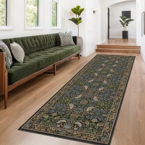 10 Ft Vintage Floral Runner Rug - 3x10 Dark Green & Brown Non-Slip Washable