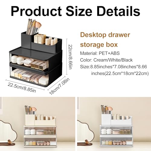DASITON Makeup Organizer for Vanity with 2 Drawers, Stackable Cosmetic Organizer with Makeup Brush Holder, Plastic Bathroom Organizer Skincare Storage for Brushes, Eyeshadow, Lotions, Lipstick (Black)