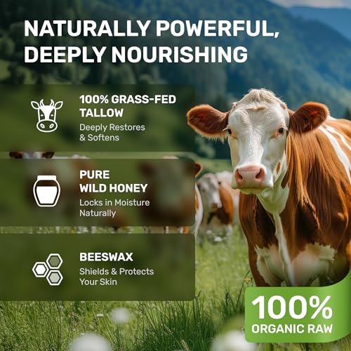 Beef Tallow for Skin ? Grass Fed Whipped Tallow and Honey Balm, Face and Body Moisturizer with Beeswax and Wild Honey, 3-Ingredient Fragrance Free Non Comedogenic Formula for Dry Sensitive Skin