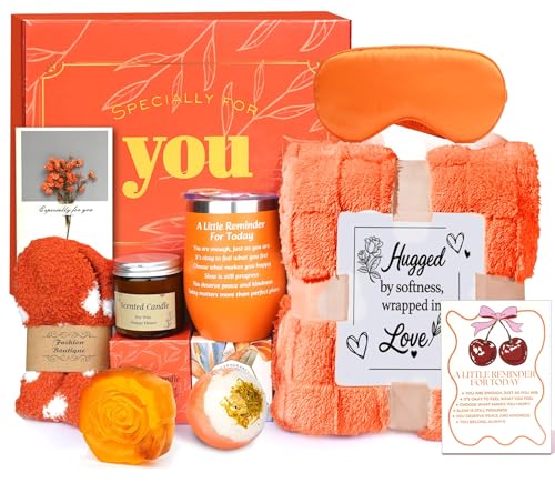Self Care Gift Set for Women - Fall Spa Basket with Candle, Socks, Blanket & More - Orange Themed Relaxation Gifts - Standard