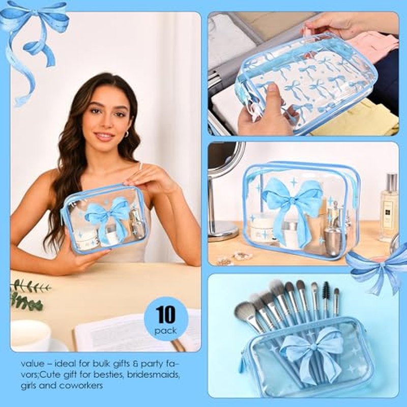 10 Blue Bow Clear Makeup Bags for Girls, TSA Large Capacity Toiletry Bags for Travel Clear PVC Waterproof Pouch with Zipper for Valentine Day Gift, Bridesmaid Wedding Bag, Birthday Party Favor