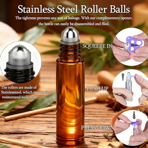 PrettyCare Set of 120, Bulk 10 ml Essential Oil Roller Bottles with Stainless Steel Roller Ball - Refillable Leak-proof Empty Thick Amber Glass Roll on Bottles with Golden Caps for Travel, Perfume