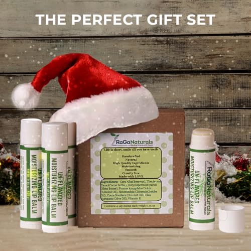 RaGaNaturals Natural Unscented Lip Balm - Original Beeswax, Shea Butter, Jojoba Oil, Vitamin E - 4 Pack Unflavored Chapstick for Dry & Cracked Lips - Christmas Stocking Stuffers - Handmade in USA