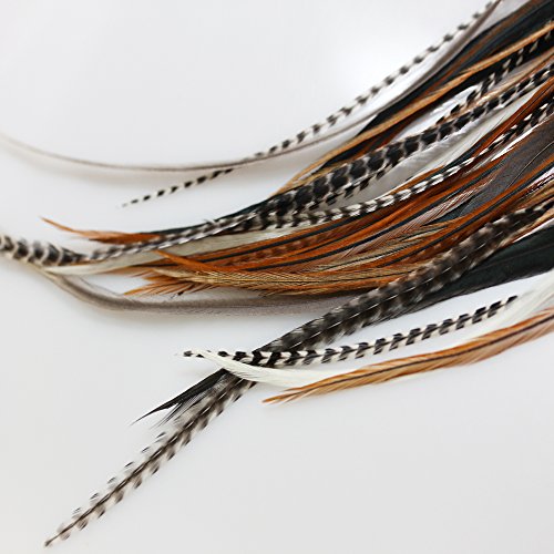 Sexy Sparkles Feather Hair Extensions - Natural Beige & Brown, 25 Loose Feathers, 8-12 Inches with Micro Beads