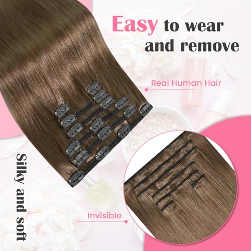 12 Inch Ash Brown Clip-In Hair Extensions - Remy Human Hair, 7 Pieces