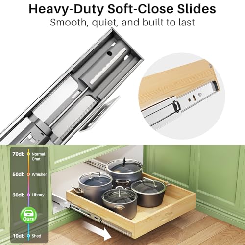 Pull Out Cabinet Organizer, Soft Close Wooden Slide Out Drawers for Pots and Pans, Full-extension Roll Out Shelves for Kitchen Cabinets, Pantry Organization, Bottom & Side Mount(15"W X 21"D x 3.4''H)