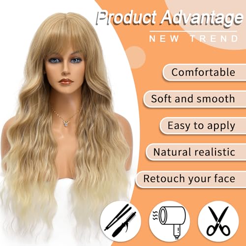 Vomella Blonde 26 Inch Curly Wavy Synthetic Wig with Bangs for Women - Natural Look & Heat-Resistant