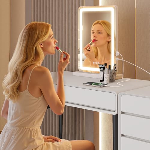 NEWBULIG 18.5"x13" LED Lighted Vanity Mirror, Smart Tabletop Makeup Mirrors with Lights for Desk, Touch Control Dimmable Brightness, 3 Color Lighting Modes