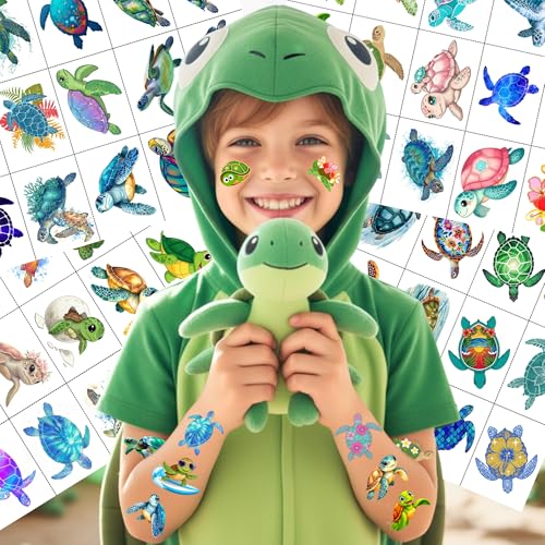 Turtle Temporary Tattoos | Under The Sea Theme Turtle Birthday Party Decorations Party Favors Supplies Accessories Stickers Ocean Theme Gift Idea For Kids Boy Girl Teen Adult 60Pcs 4 Sheets Pre-cut