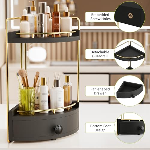 2-Tier Corner Bathroom Counter Organizer with Drawer Black Gold 7.68" x 7.68" x 15.75"