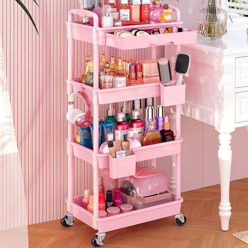 Goovilla Rolling Makeup Organizer Cart with Removable Drawer, 4 Tier Stable Pink Floor Skincare Storage Cart for Vanity, Cosmetic Display, Nail Polish, Perfume, Hair Stuff, Beauty, Bathroom(Plastic)