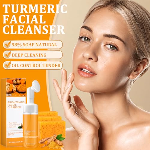 Turmeric Wash and Care Two Piece Set, Tuemeric Cleansing Mousse Face Wash and Soap Bundle for Face & Body, Daily Facial Cleanser & Soap Combo, Deep Cleansing