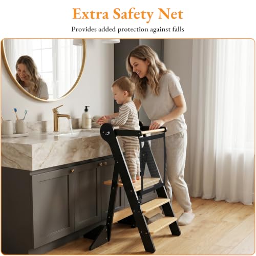 Foldable Toddler Standing Tower Kitchen Step Stool Charcoal & Natural
