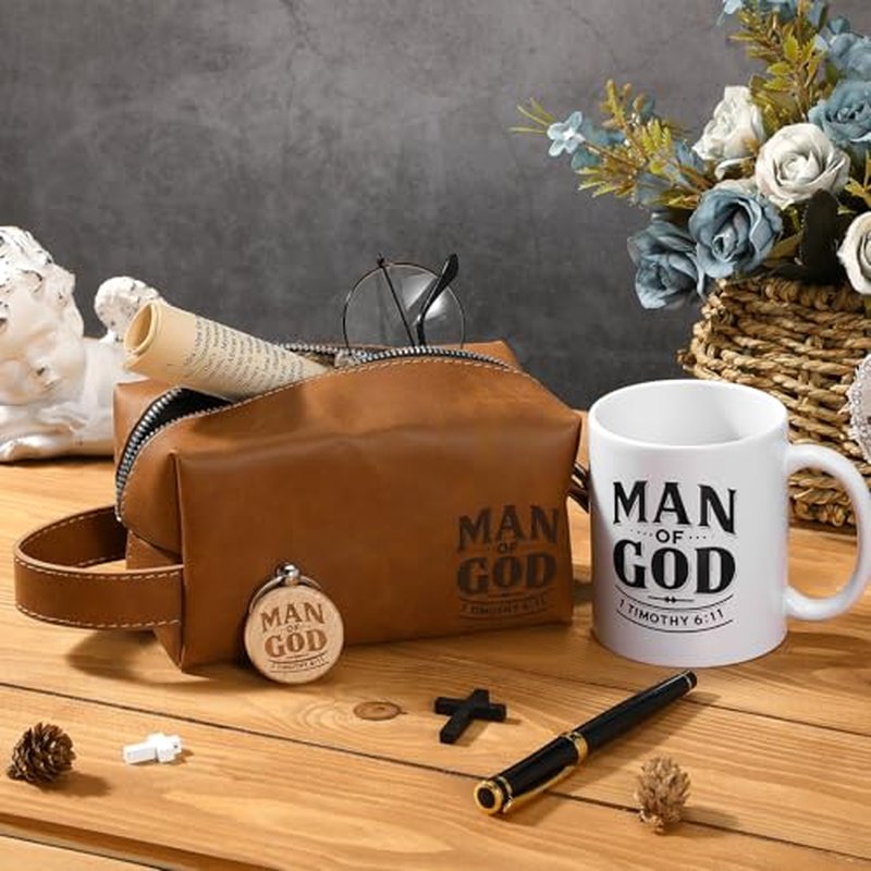 3 Pcs Easter Man of God Theme Gift for Men Christian 11.2oz Inspirational Coffee Mug Religious Bible Verse Leather Toiletry Bag Scripture Keychain for Dad Pastor Church Gift(Classic Color)