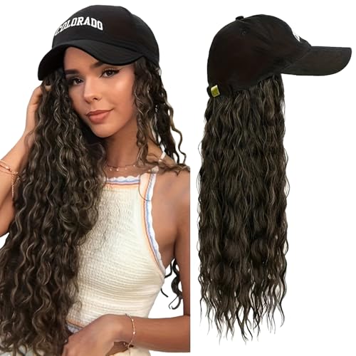 Black Baseball Cap Wig with Long Wavy Synthetic Hair - Brown, Variation of Black Cap, Brown