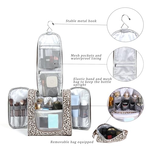 Pearl Angeli Hanging Toiletry Bag for Women, Large Makeup Cosmetic Bag, Water Resistant Toiletries Travel Essentials Organizer, Full-size Container, Khaki Lepoard