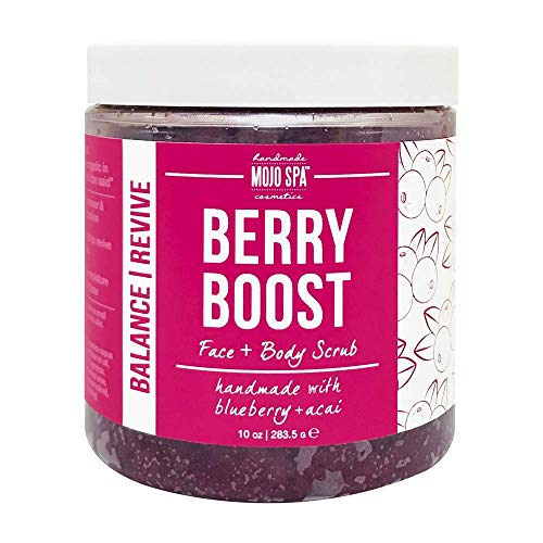 Mojo Spa Berry Boost Superfood Face & Body Scrub | Fruity, Berry Scent | Detoxifying Sugar Based Exfoliator | 10 oz