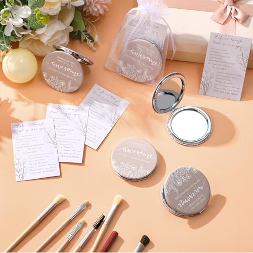 CroBlissful Inspirational Gifts for Women Bulk 12 Set - Classic Double-Sided Makeup Mirrors with Quotes & Organza Bags
