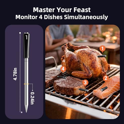 Wireless Digital Meat Thermometer with 4 Probes & IP67 Waterproof, WiFi & Bluetooth, Smart Cooking & BBQ Thermometer