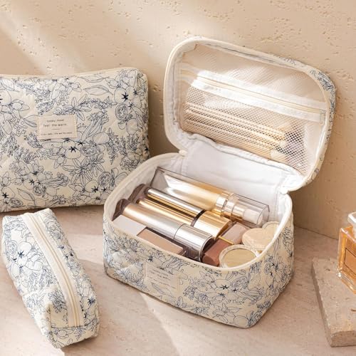 A-3PCS-Floral Quilted Makeup Bag Set - Large Travel Cosmetic Organizer