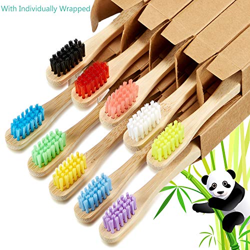 Kids Bamboo Toothbrush Set - 10 Pack of Organic Wooden Toothbrushes with Soft Bristles & Colorful Handles