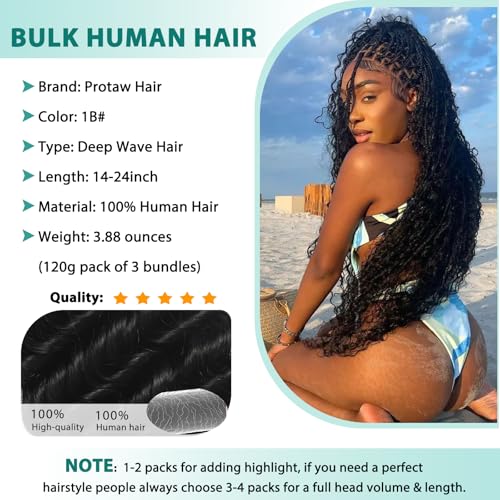 16 Inch Deep Wave Human Hair Braiding Bundles - No Weft Boho Curly Hair - Natural Black #1B