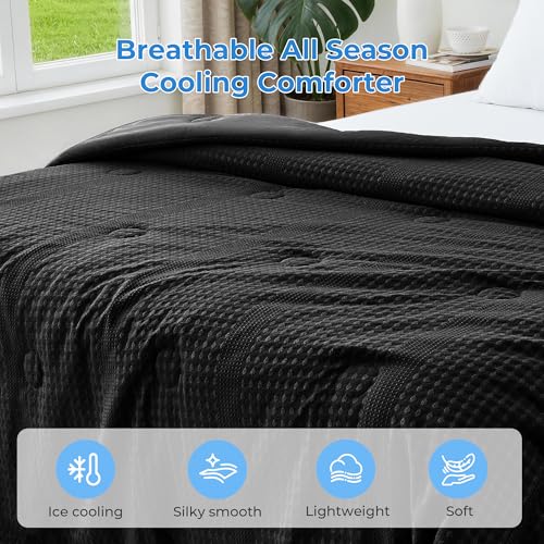 Bedsmile Black King Waffle Weave Ice Blanket, 108 x 90 in – Reversible Cooling Comforter, Q-Max >0.45